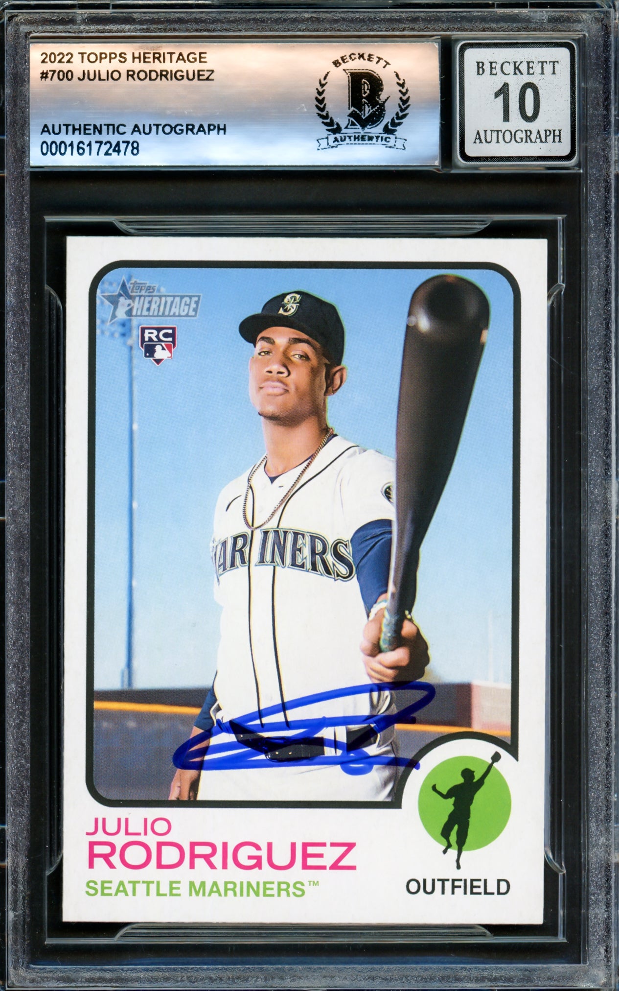 Julio Rodriguez Autographed 2022 Topps Heritage Rookie Card #700 Seattle Mariners Auto Grade Gem Mint 10 Beckett BAS Stock #220800