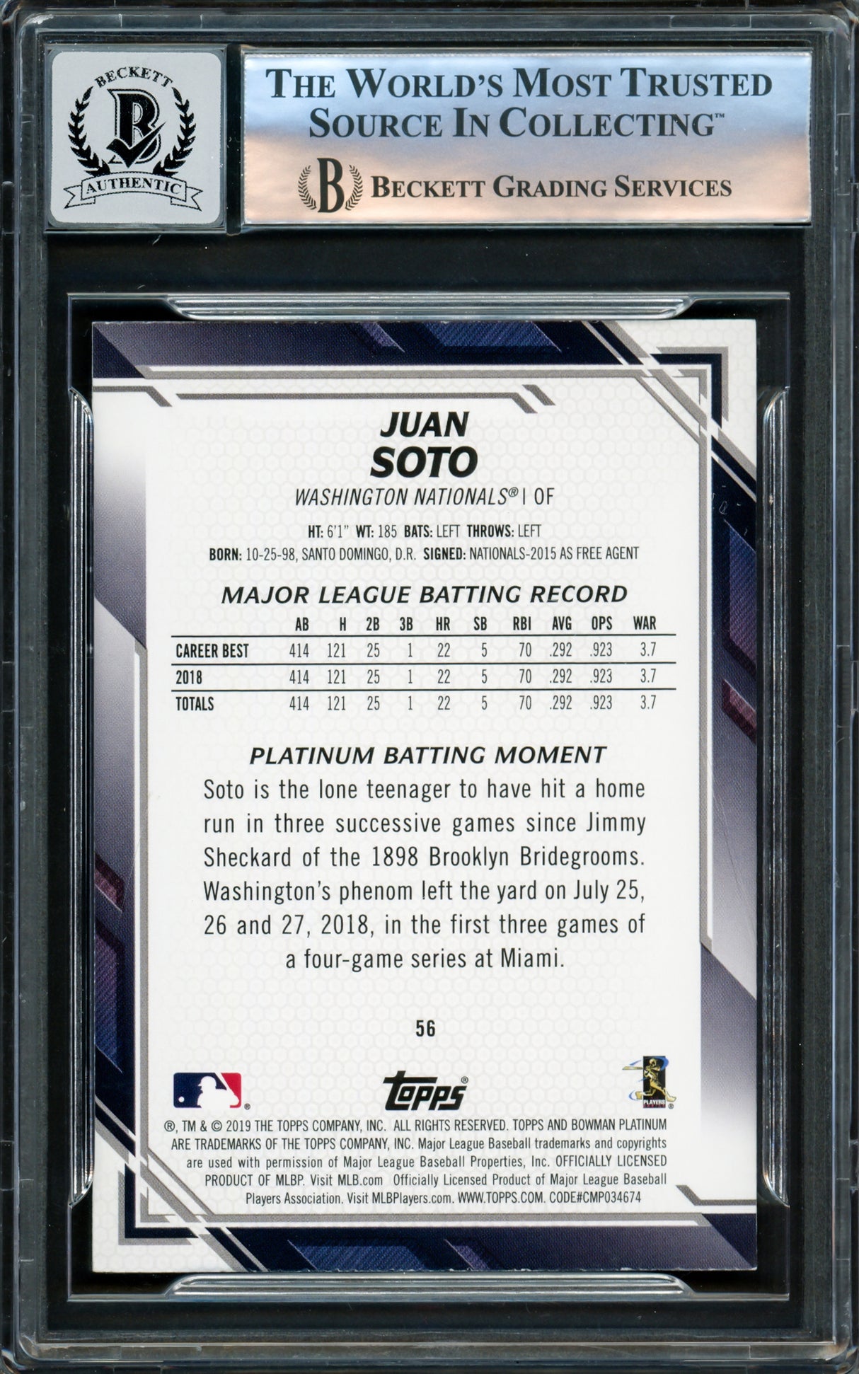 Juan Soto Autographed 2019 Bowman Platinum Card #56 New York Yankees Auto Grade Gem Mint 10 Beckett BAS Stock #220802