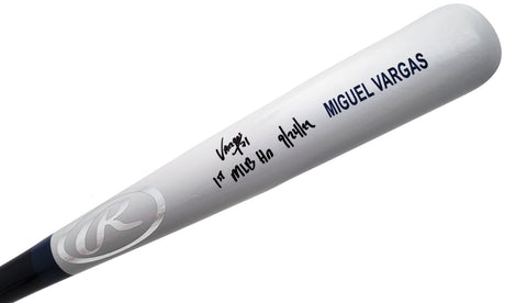 Miguel Vargas Autographed Gray Rawlings Game Model Bat Los Angeles Dodgers "1st MLB HR" Beckett BAS Witness Stock #209050