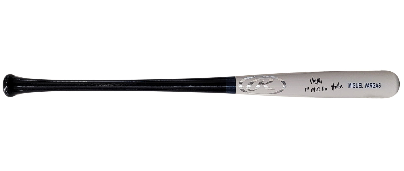Miguel Vargas Autographed Gray Rawlings Game Model Bat Los Angeles Dodgers "1st MLB HR" Beckett BAS Witness Stock #209050