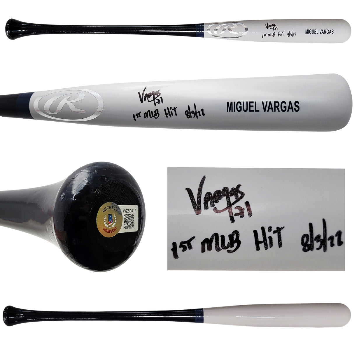 Miguel Vargas Autographed Gray Rawlings Game Model Bat Los Angeles Dodgers "1st MLB Hit" Beckett BAS Witness Stock #209049