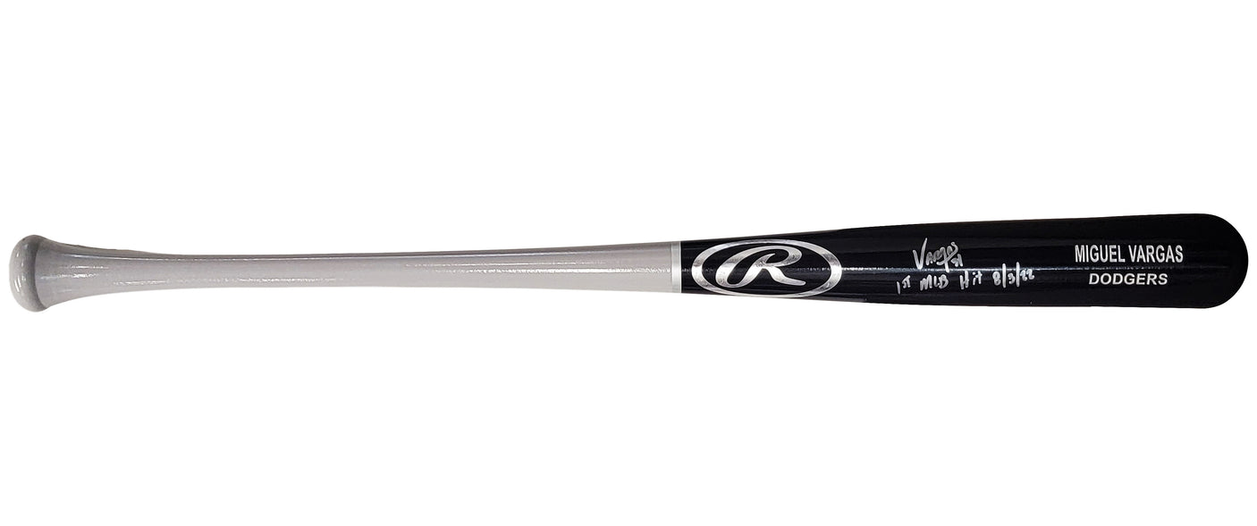 Miguel Vargas Autographed Black Rawlings Game Model Bat Los Angeles Dodgers "1st MLB Hit" Beckett BAS Witness Stock #209051