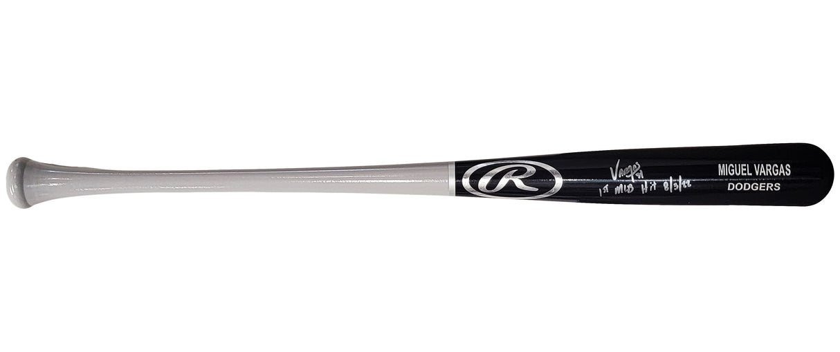 Miguel Vargas Autographed Black Rawlings Game Model Bat Los Angeles Dodgers "1st MLB Hit" Beckett BAS Witness Stock #209051