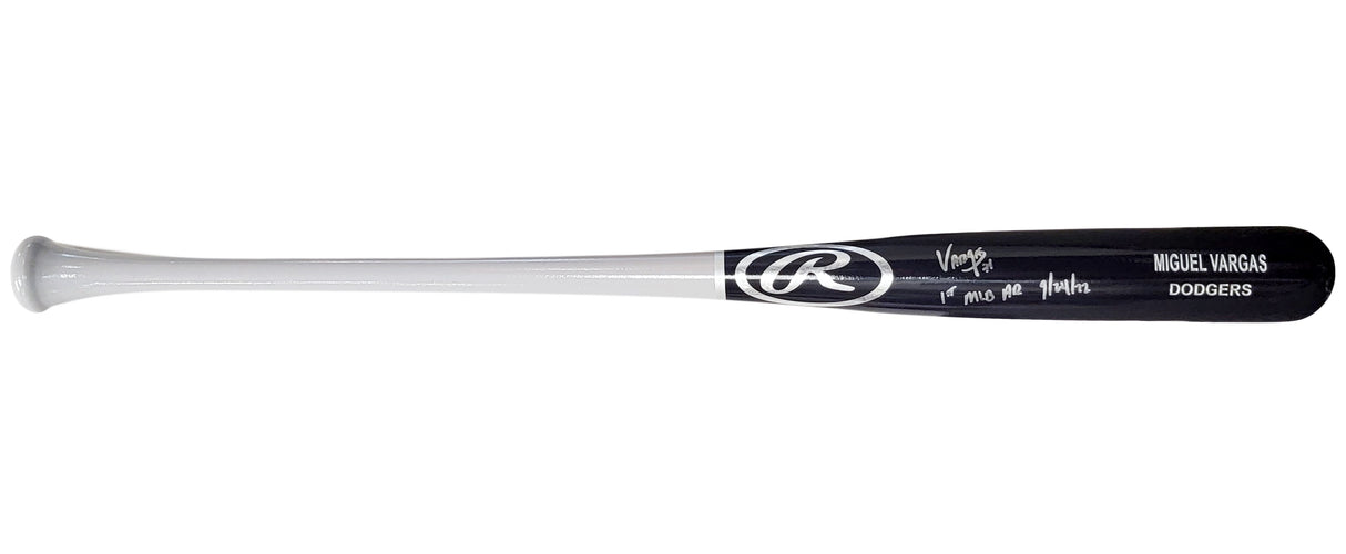 Miguel Vargas Autographed Black Rawlings Game Model Bat Los Angeles Dodgers "1st MLB HR" Beckett BAS Witness Stock #209052