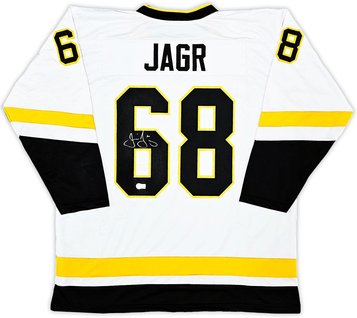 Pittsburgh Penguins Jaromir Jagr Autographed White Jersey Beckett BAS Witness Stock #220681