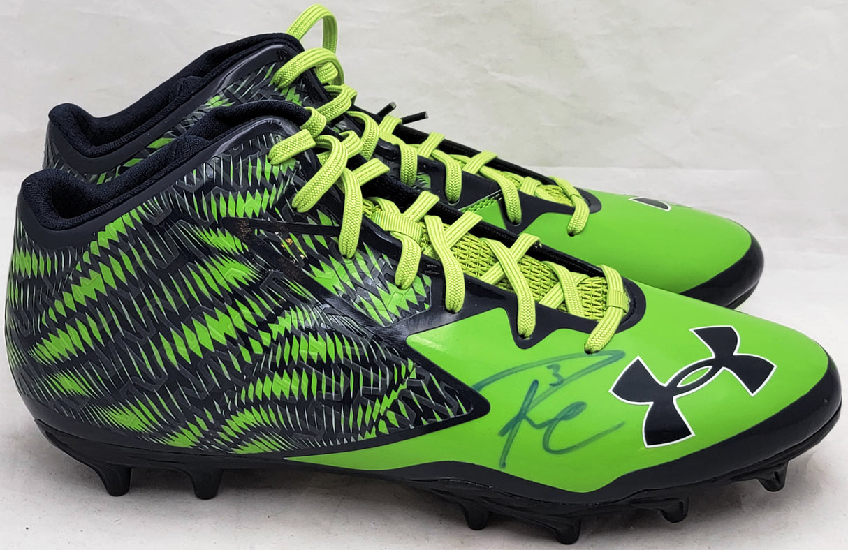 Russell Wilson Autographed Green & Blue Under Armor Team Nitro Cleats Seattle Seahawks Size 12.5 (Bleeding) RW Holo #42151