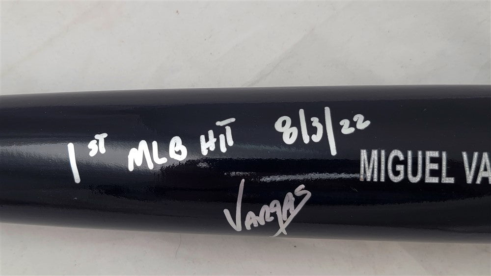 Miguel Vargas Autographed Black Rawlings Bat Los Angeles Dodgers "1st MLB Hit 8/3/22" Beckett BAS Witness #WZ59382