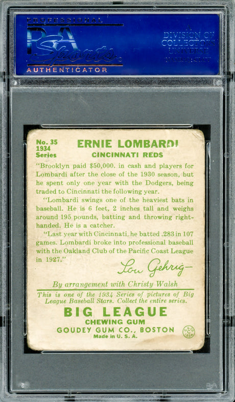 Ernie Lombardi Autographed 1934 Goudey Rookie Card #35 Cincinnati Reds PSA/DNA #14139225