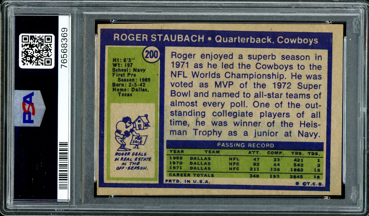 Roger Staubach Autographed 1972 Topps Rookie Card #200 Dallas Cowboys PSA 5 Auto Grade Gem Mint 10 PSA/DNA #76568369