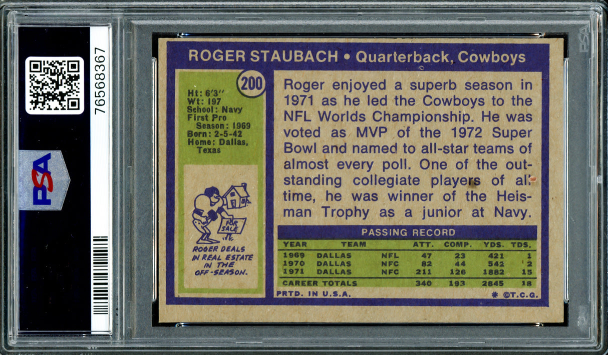 Roger Staubach Autographed 1972 Topps Rookie Card #200 Dallas Cowboys PSA 4 Auto Grade Gem Mint 10 PSA/DNA #76568367