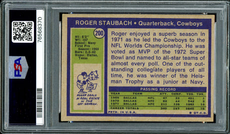 Roger Staubach Autographed 1972 Topps Rookie Card #200 Dallas Cowboys PSA 4 Auto Grade Gem Mint 10 PSA/DNA #76568370