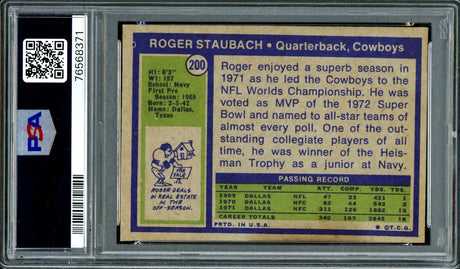 Roger Staubach Autographed 1972 Topps Rookie Card #200 Dallas Cowboys PSA 2 Auto Grade Gem Mint 10 PSA/DNA #76568371