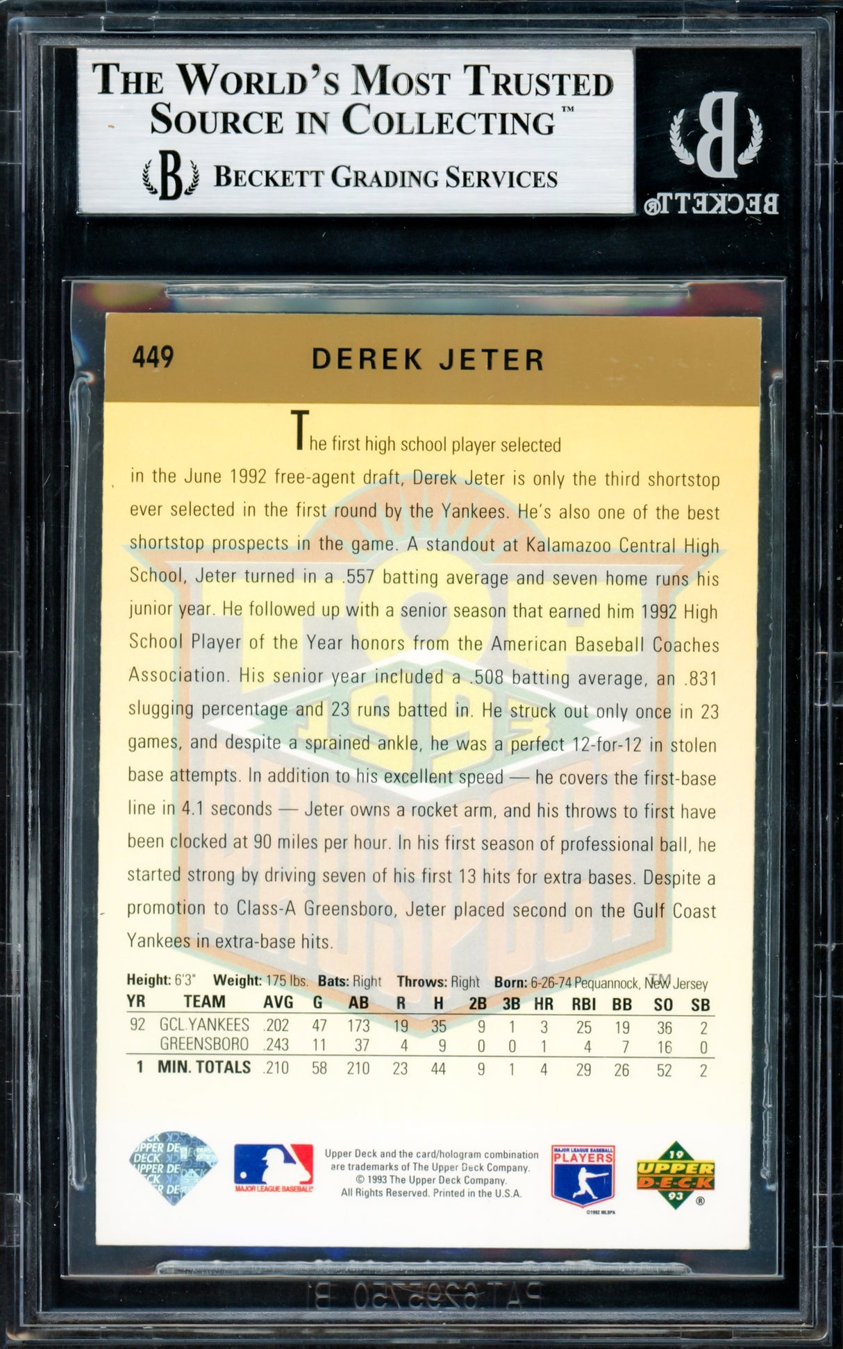 Derek Jeter Autographed 1993 Upper Deck Rookie Card #449 New York Yankees Vintage Rookie Era Signature Beckett BAS #12061137
