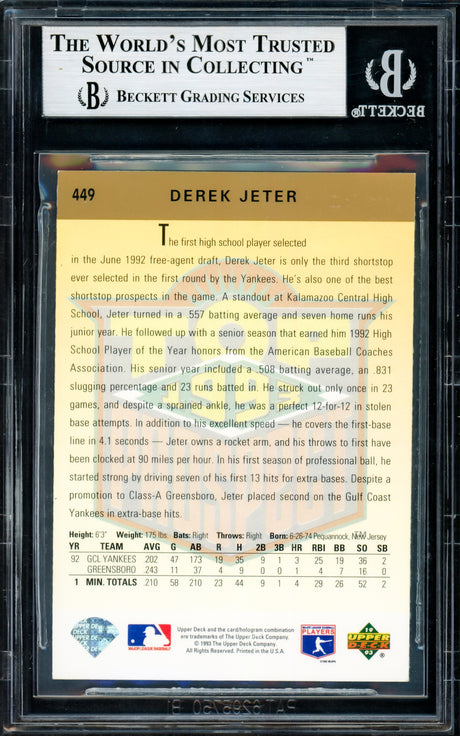 Derek Jeter Autographed 1993 Upper Deck Rookie Card #449 New York Yankees Vintage Rookie Era Signature Beckett BAS #12061137
