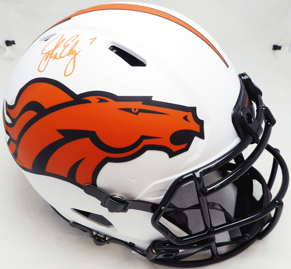 John Elway Autographed Denver Broncos Lunar Eclipse White Full Size Authentic Speed Helmet Beckett BAS Witness #WL49198