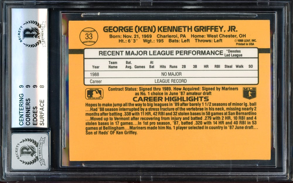 Ken Griffey Jr. Autographed 1989 Donruss Rated Rookie Card #33 Seattle Mariners BGS 8.5 Auto Grade Gem Mint 10 Beckett BAS #14727799