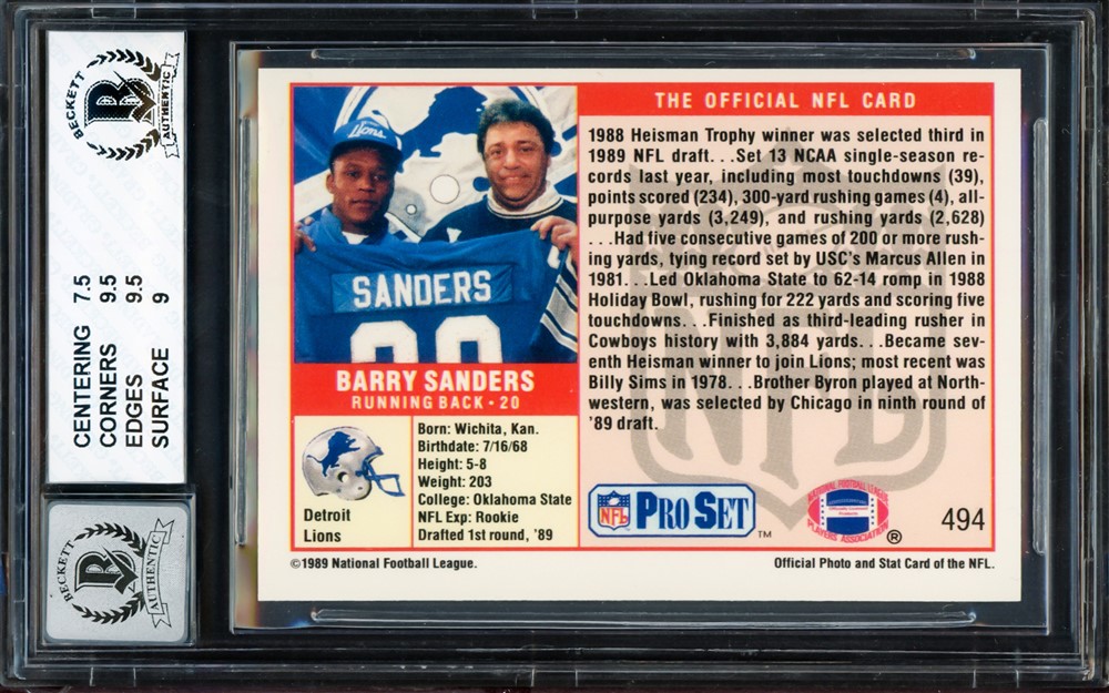 Barry Sanders Autographed 1989 Pro Set Rookie Card #494 Detroit Lions BGS 8 Auto Grade Gem Mint 10 Beckett BAS Stock #209304