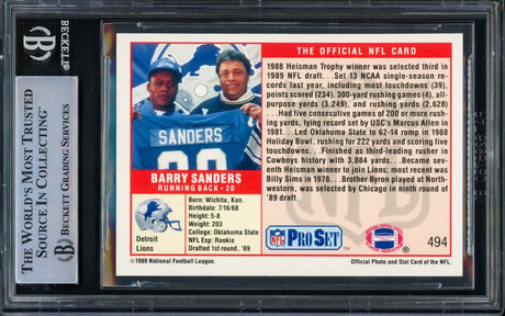 Barry Sanders Autographed 1989 Pro Set Rookie Card #494 Detroit Lions Beckett BAS #14879504
