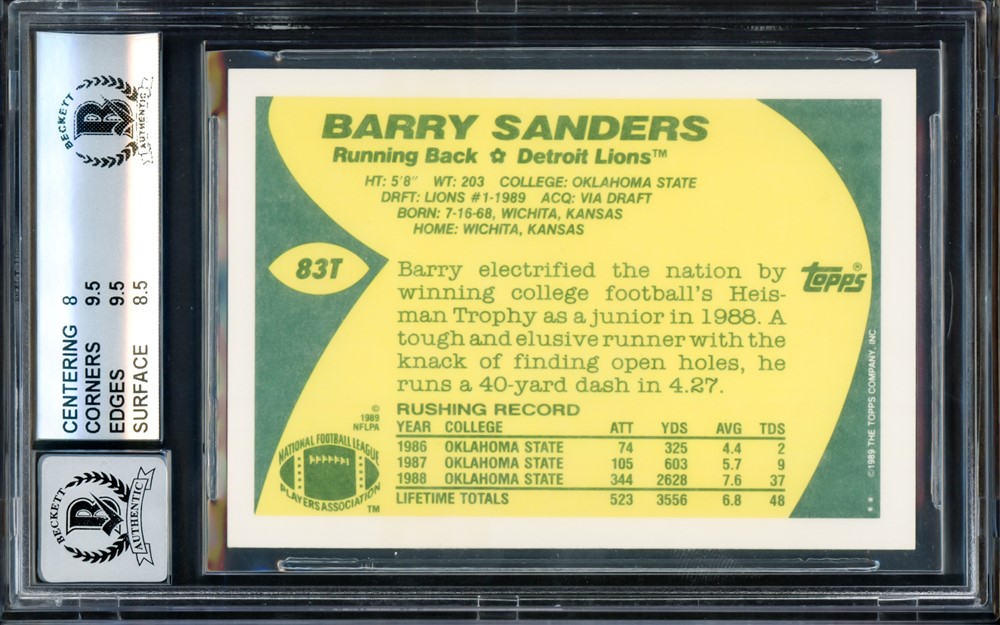 Barry Sanders Autographed 1989 Topps Traded Rookie Card #83T Detroit Lions BGS 8.5 Auto Grade Gem Mint 10 Beckett BAS Stock #209317