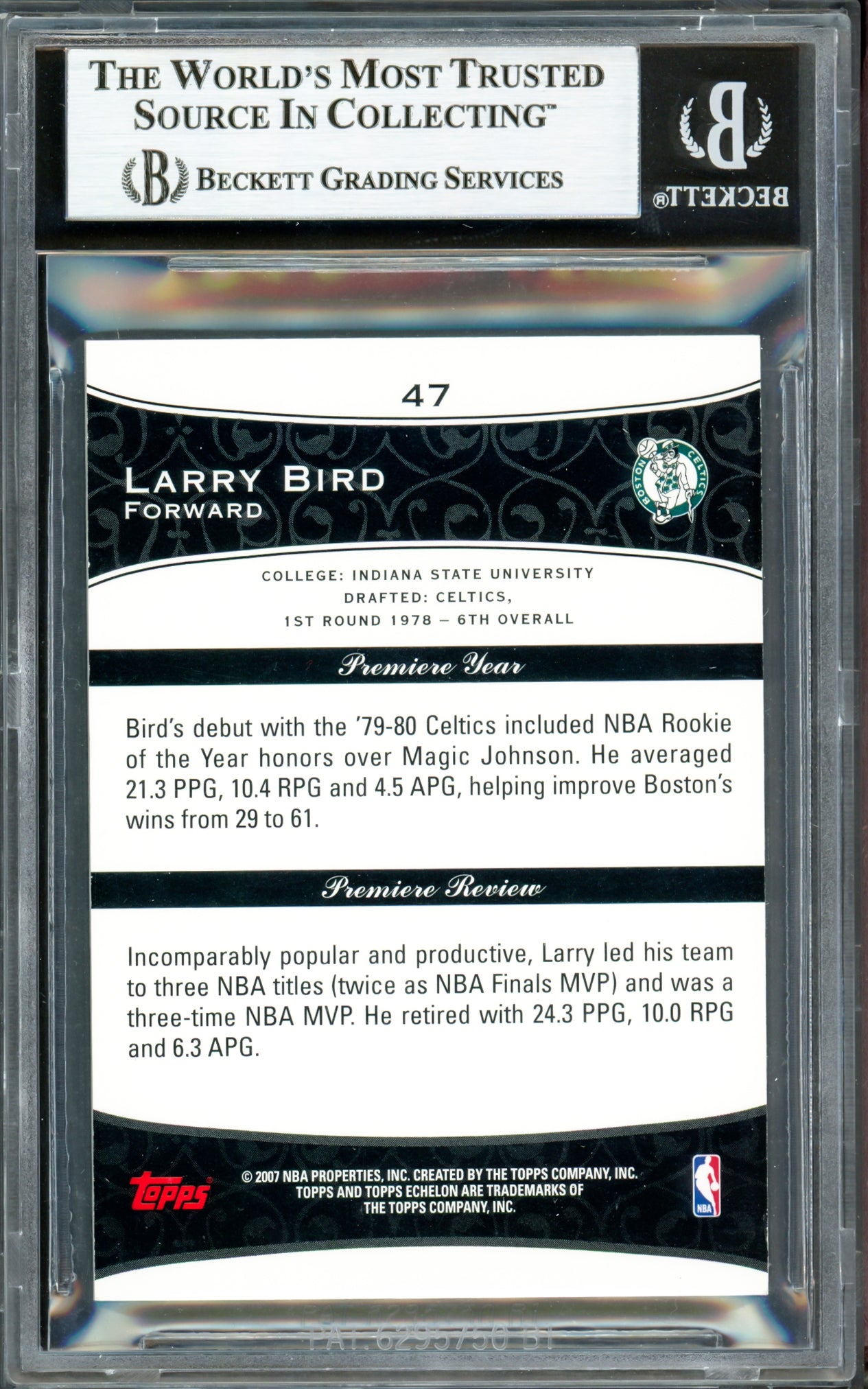 Larry Bird Autographed 2007-08 Topps Echelon Card #47 Boston Celtics #103/999 (Smudged) Beckett BAS Witness #16868467