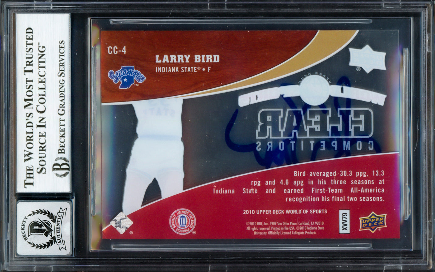 Larry Bird Autographed 2010 Upper Deck World of Sports Clear Competitors Card #CC4 Boston Celtics Auto Grade Gem Mint 10 #264/550 Beckett BAS Witness #16862768