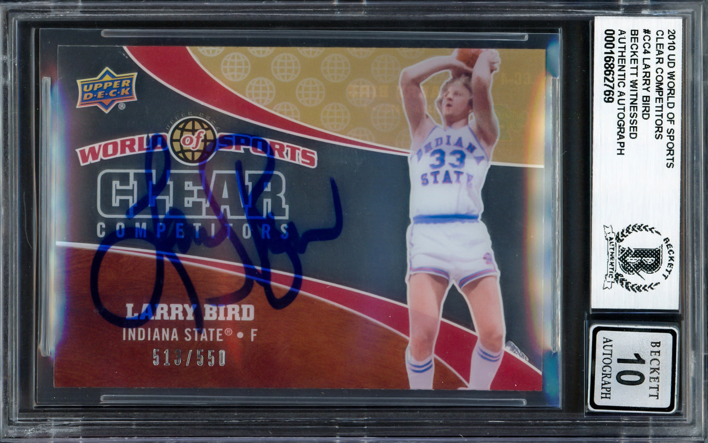 Larry Bird Autographed 2010 Upper Deck World of Sports Clear Competitors Card #CC4 Boston Celtics Auto Grade Gem Mint 10 #513/550 Beckett BAS Witness #16862769