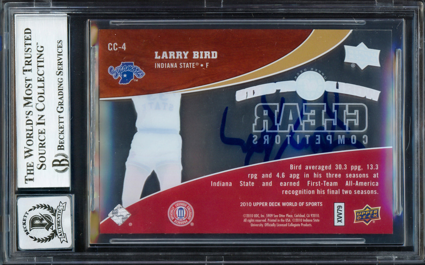 Larry Bird Autographed 2010 Upper Deck World of Sports Clear Competitors Card #CC4 Boston Celtics Auto Grade Gem Mint 10 #513/550 Beckett BAS Witness #16862769
