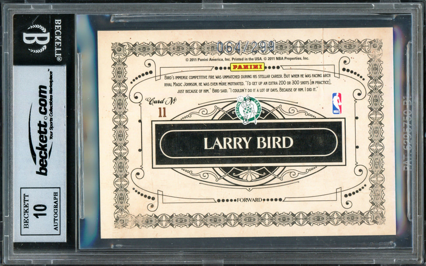 Larry Bird Autographed 2010-11 Panini Gold Standard Golden Age Card #11 Boston Celtics Auto Grade Gem Mint 10 #064/299 Beckett BAS Witness #16862985