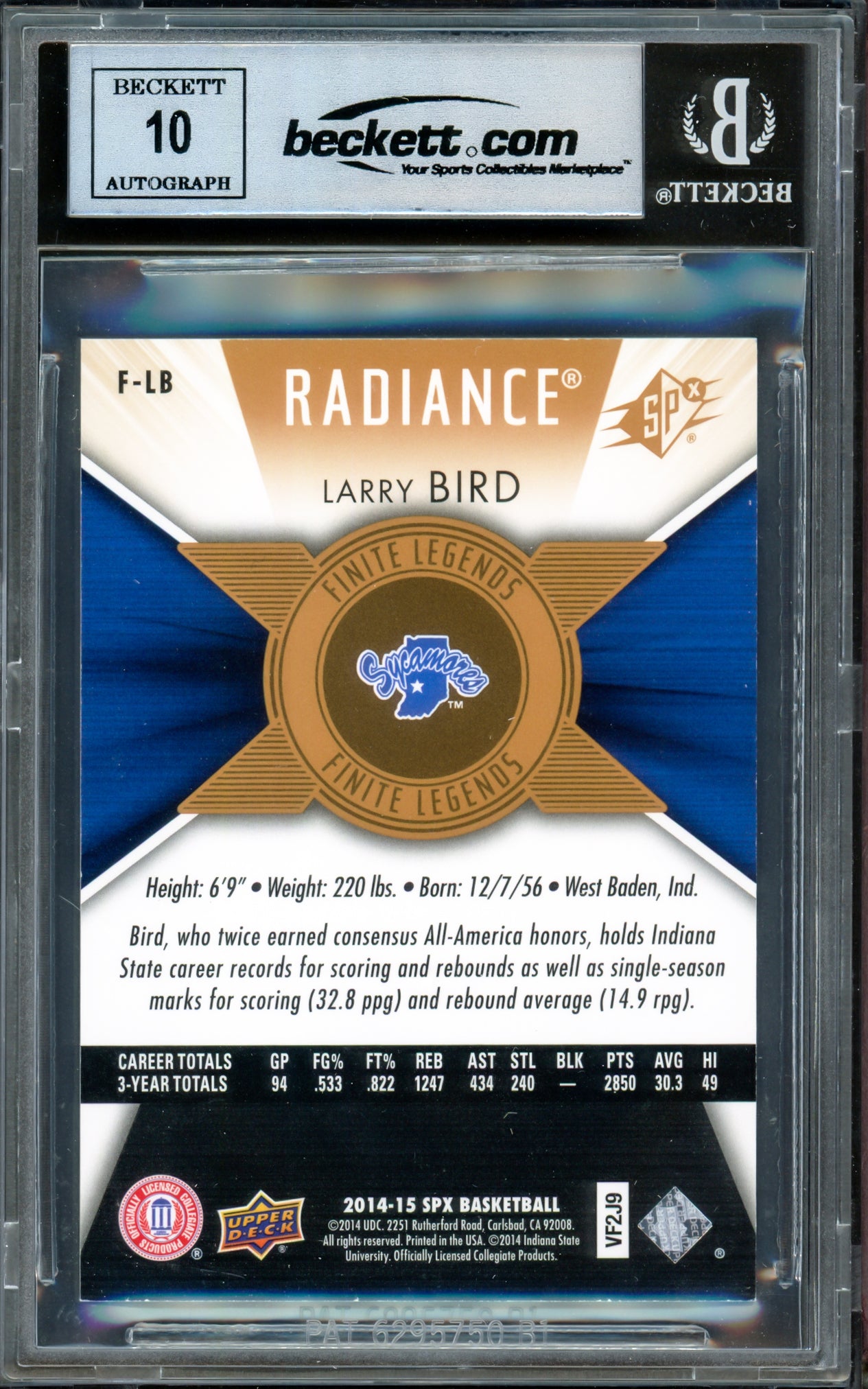 Larry Bird Autographed 2014-15 SPX Finite Legends Radiance Card #FLB Boston Celtics Auto Grade Gem Mint 10 #99/99 Beckett BAS Witness #16862766