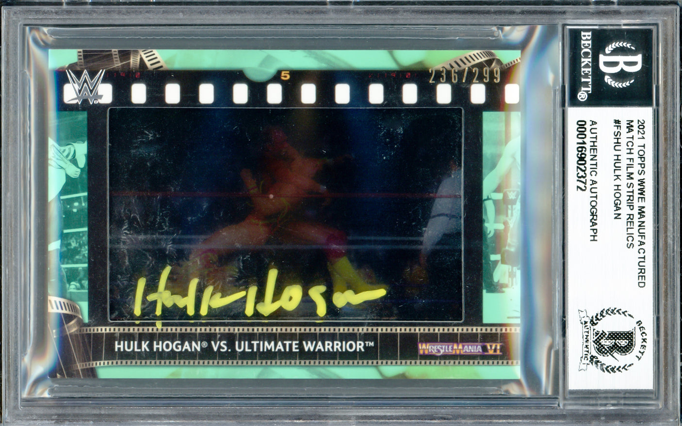 Hulk Hogan Autographed 2021 Topps WWE Manufactured Match Film Strip Relics Card #FSHU #236/299 Beckett BAS #16902372