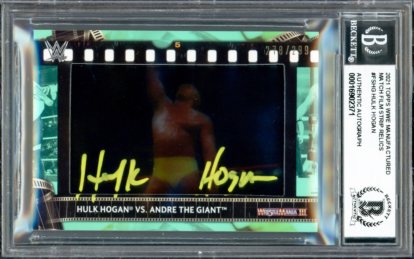 Hulk Hogan Autographed 2021 Topps WWE Manufactured Match Film Strip Relics Card #FSHG #278/299 Beckett BAS #16902371