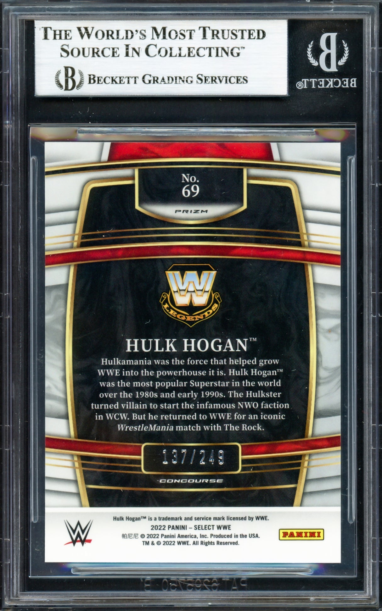 Hulk Hogan Autographed 2022 Select WWE Prizms Red Card #69 #137/249 Beckett BAS #16902368