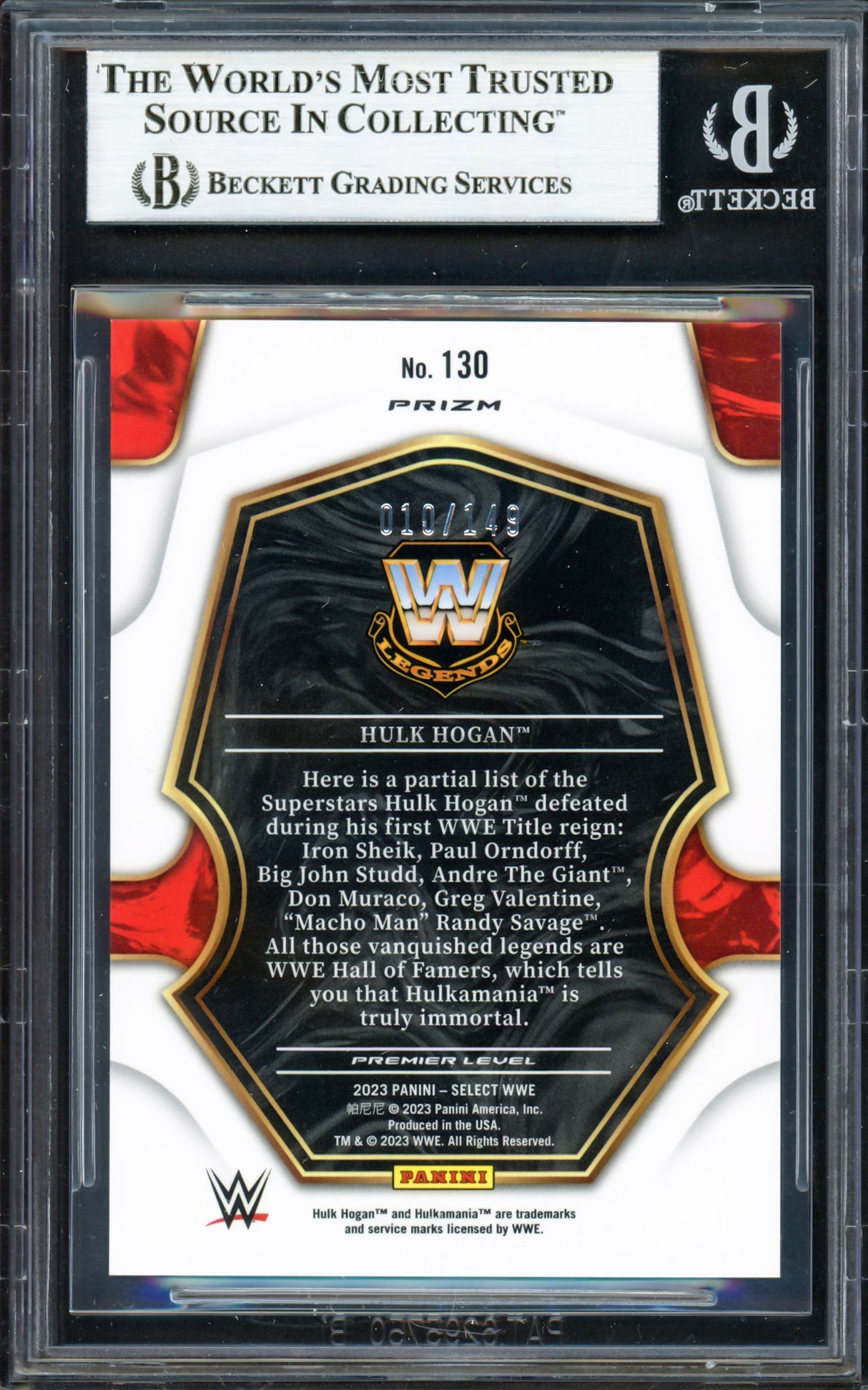 Hulk Hogan Autographed 2023 Select WWE Prizms Maroon Card #130 #010/149 Beckett BAS #16902476