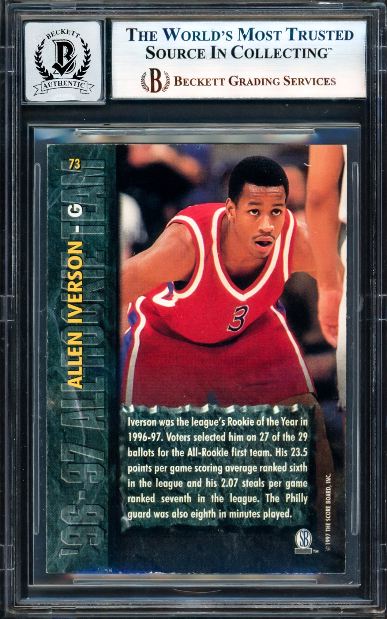 Allen Iverson Autographed 1997 Score Board Rookies Dean's List Rookie Card #73 Philadelphia 76ers Auto Grade Gem Mint 10 Beckett BAS Witness #17005406