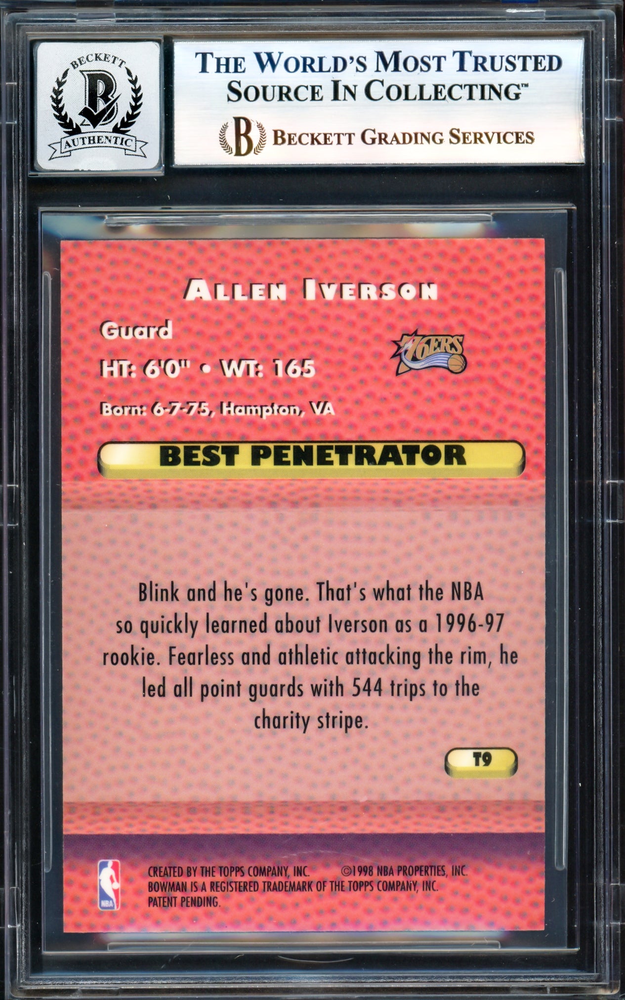 Allen Iverson Autographed 1997-98 Bowman's Best Techniques Card #T9 Philadelphia 76ers Auto Grade Gem Mint 10 Beckett BAS Witness #17003432