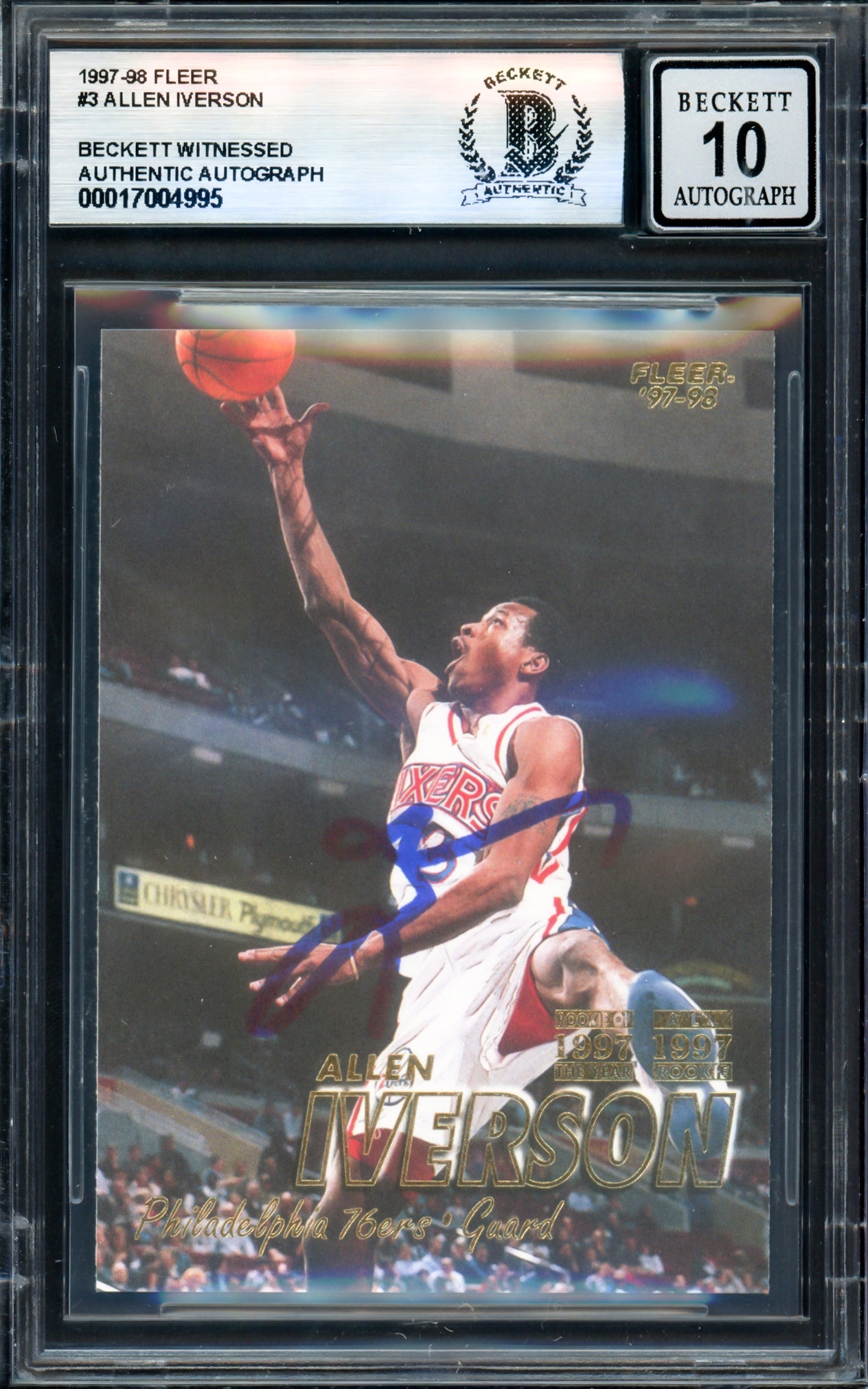 Allen Iverson Autographed 1997-98 Fleer Card #3 Philadelphia 76ers Auto Grade Gem Mint 10 Beckett BAS Witness #17004995