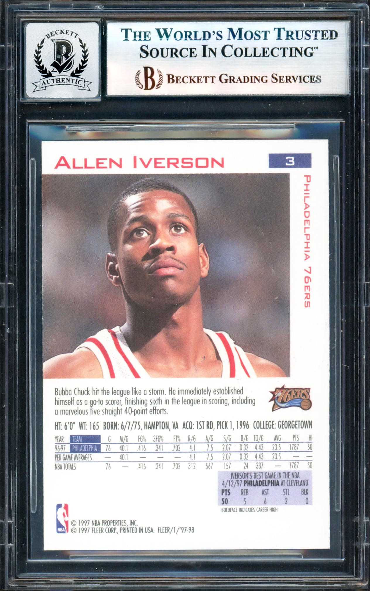 Allen Iverson Autographed 1997-98 Fleer Card #3 Philadelphia 76ers Auto Grade Gem Mint 10 Beckett BAS Witness #17004995