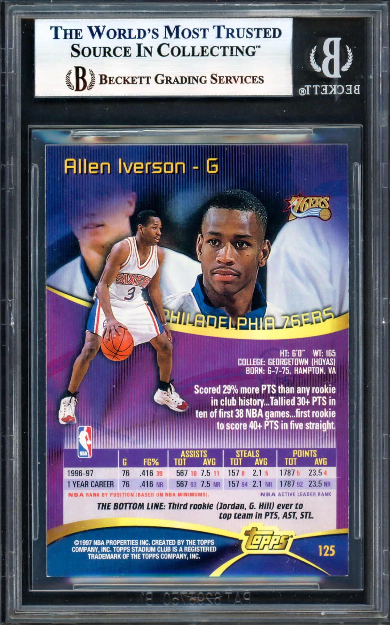 Allen Iverson Autographed 1997-98 Stadium Club Card #125 Philadelphia 76ers Beckett BAS Witness #17005687