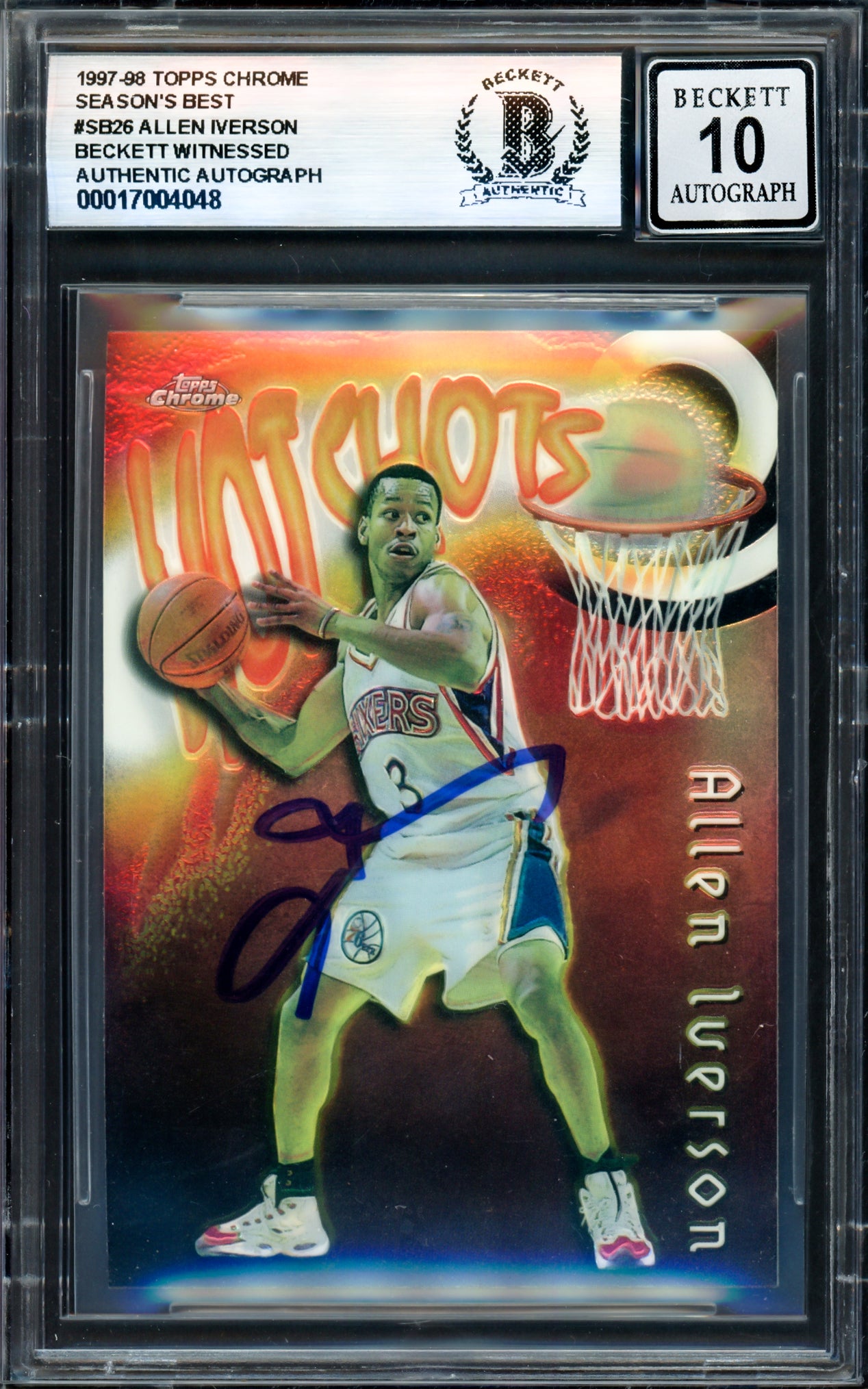 Allen Iverson Autographed 1997-98 Topps Chrome Season's Best Card #SB26 Philadelphia 76ers Auto Grade Gem Mint 10 Beckett BAS Witness #17004048