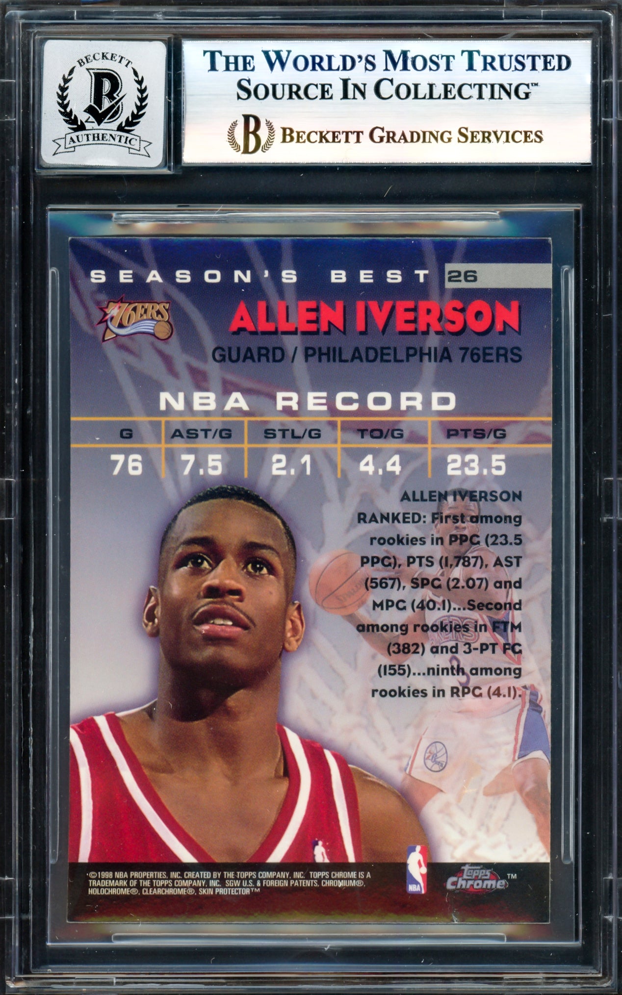 Allen Iverson Autographed 1997-98 Topps Chrome Season's Best Card #SB26 Philadelphia 76ers Auto Grade Gem Mint 10 Beckett BAS Witness #17004048