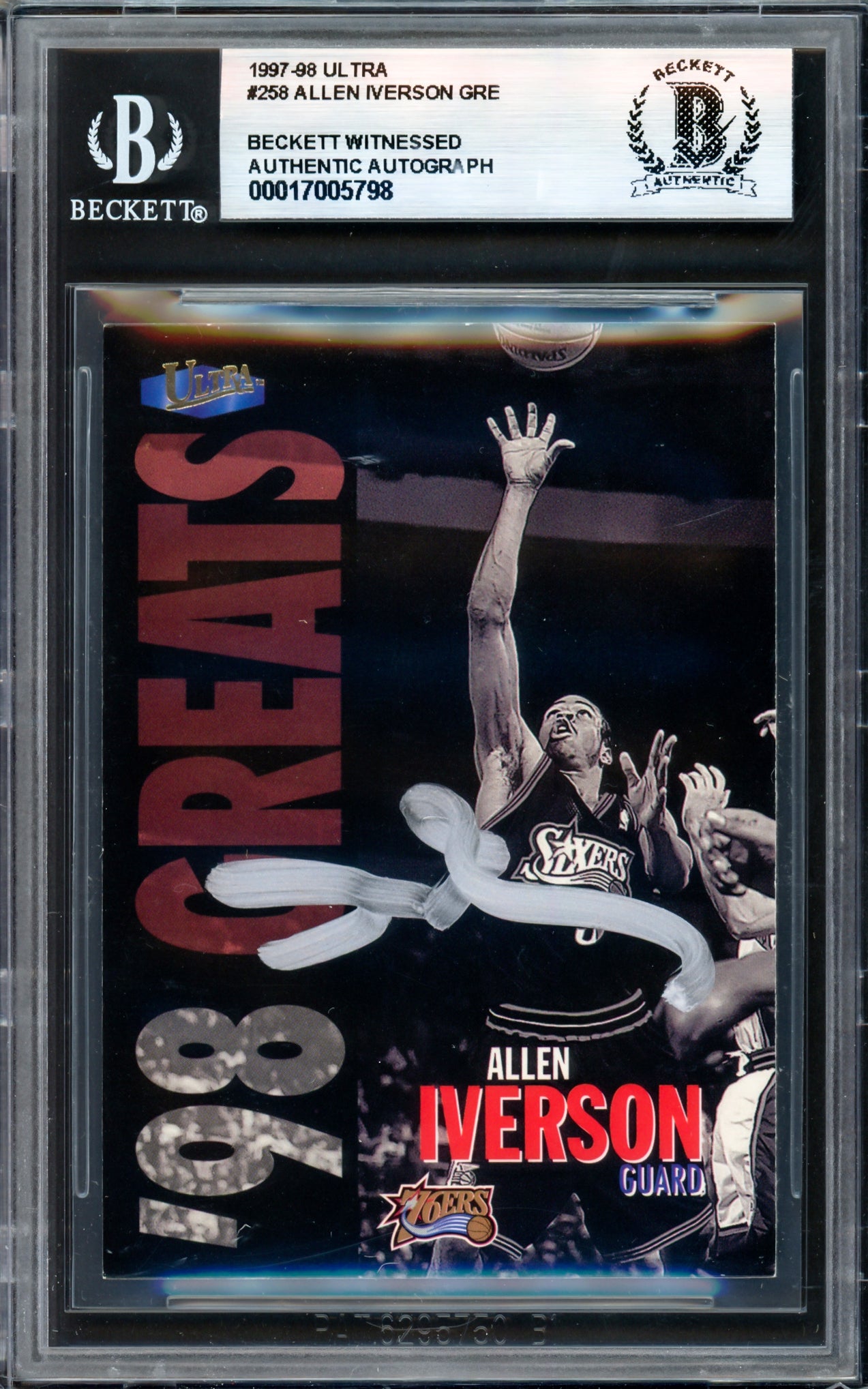 Allen Iverson Autographed 1997-98 Fleer Ultra Card #258 Philadelphia 76ers Beckett BAS Witness #17005798