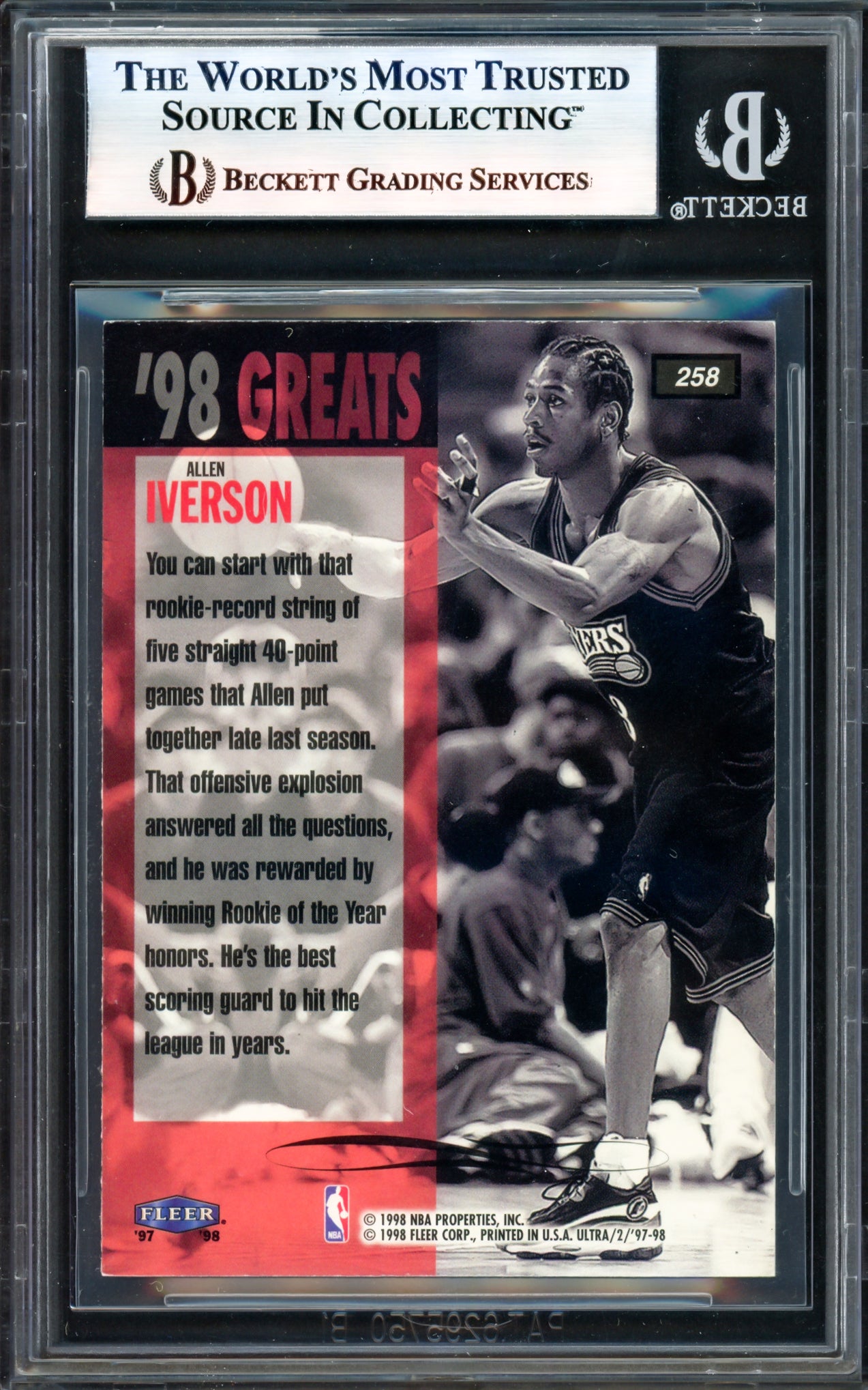 Allen Iverson Autographed 1997-98 Fleer Ultra Card #258 Philadelphia 76ers Beckett BAS Witness #17005798