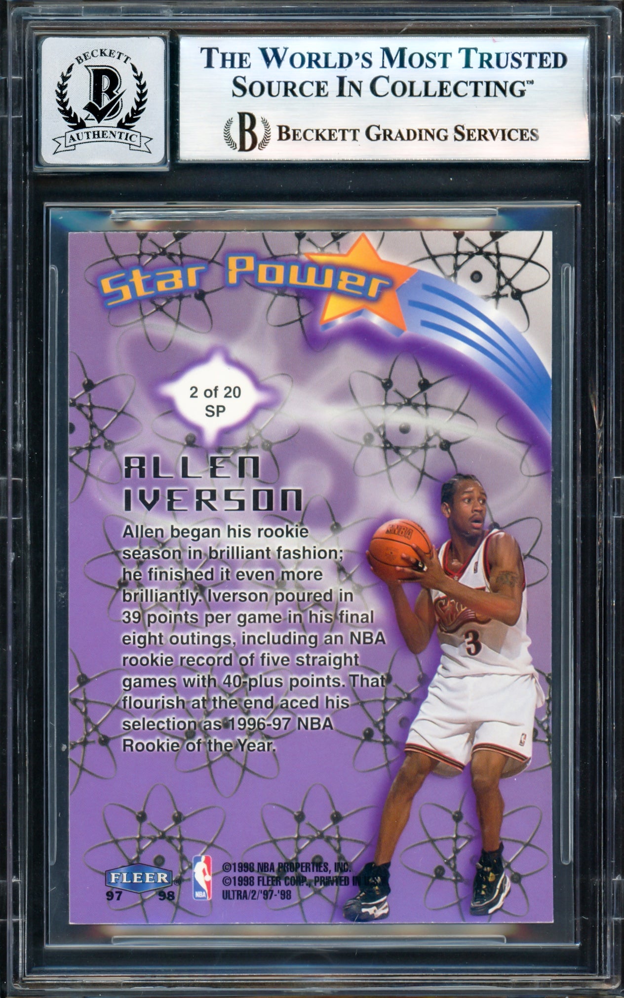 Allen Iverson Autographed 1997-98 Fleer Ultra Star Power Card #SP2 Philadelphia 76ers Auto Grade Gem Mint 10 Beckett BAS Witness #17003590