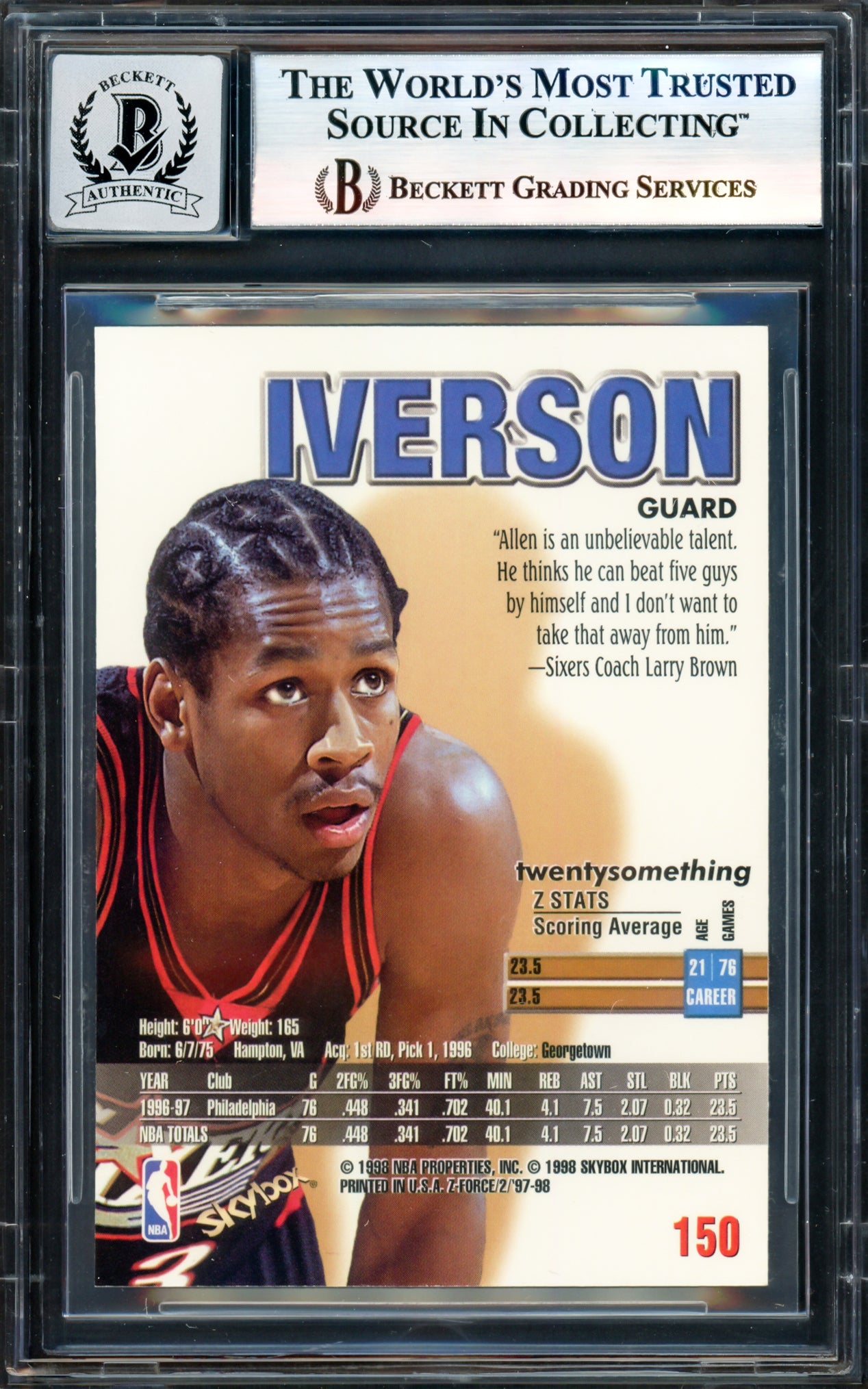 Allen Iverson Autographed 1997-98 Z-Force Card #150 Philadelphia 76ers Auto Grade Gem Mint 10 Beckett BAS Witness #17003405