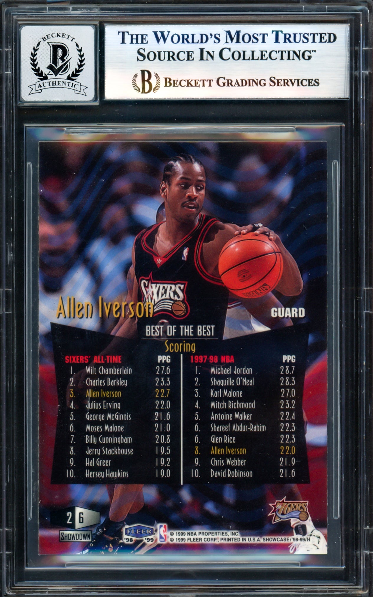 Allen Iverson Autographed 1998-99 Flair Showcase Row 2 Card #6 Philadelphia 76ers Auto Grade Gem Mint 10 Beckett BAS Witness #17004296