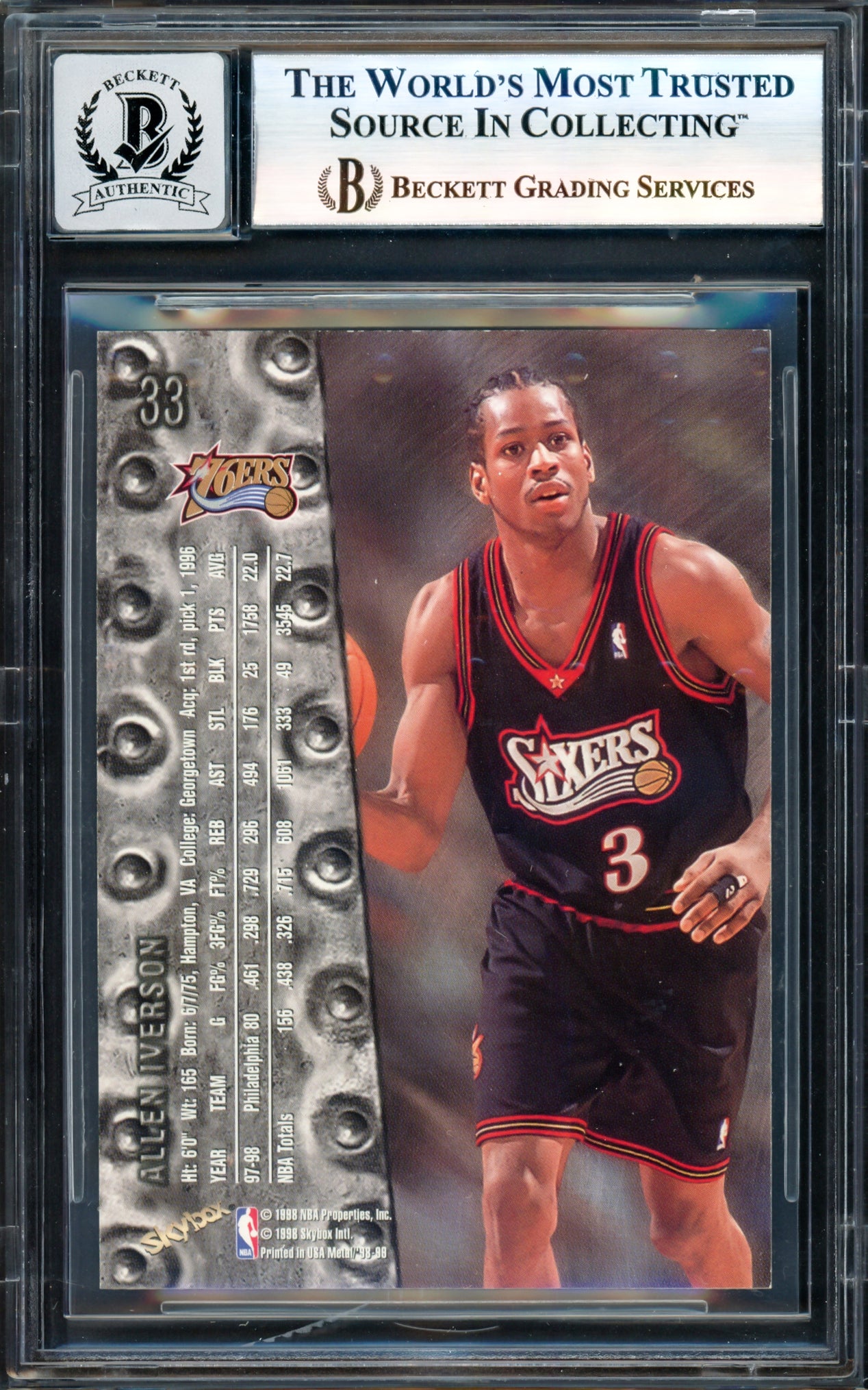 Allen Iverson Autographed 1998-99 Metal Universe Card #33 Philadelphia 76ers Auto Grade Gem Mint 10 Beckett BAS Witness #17004979