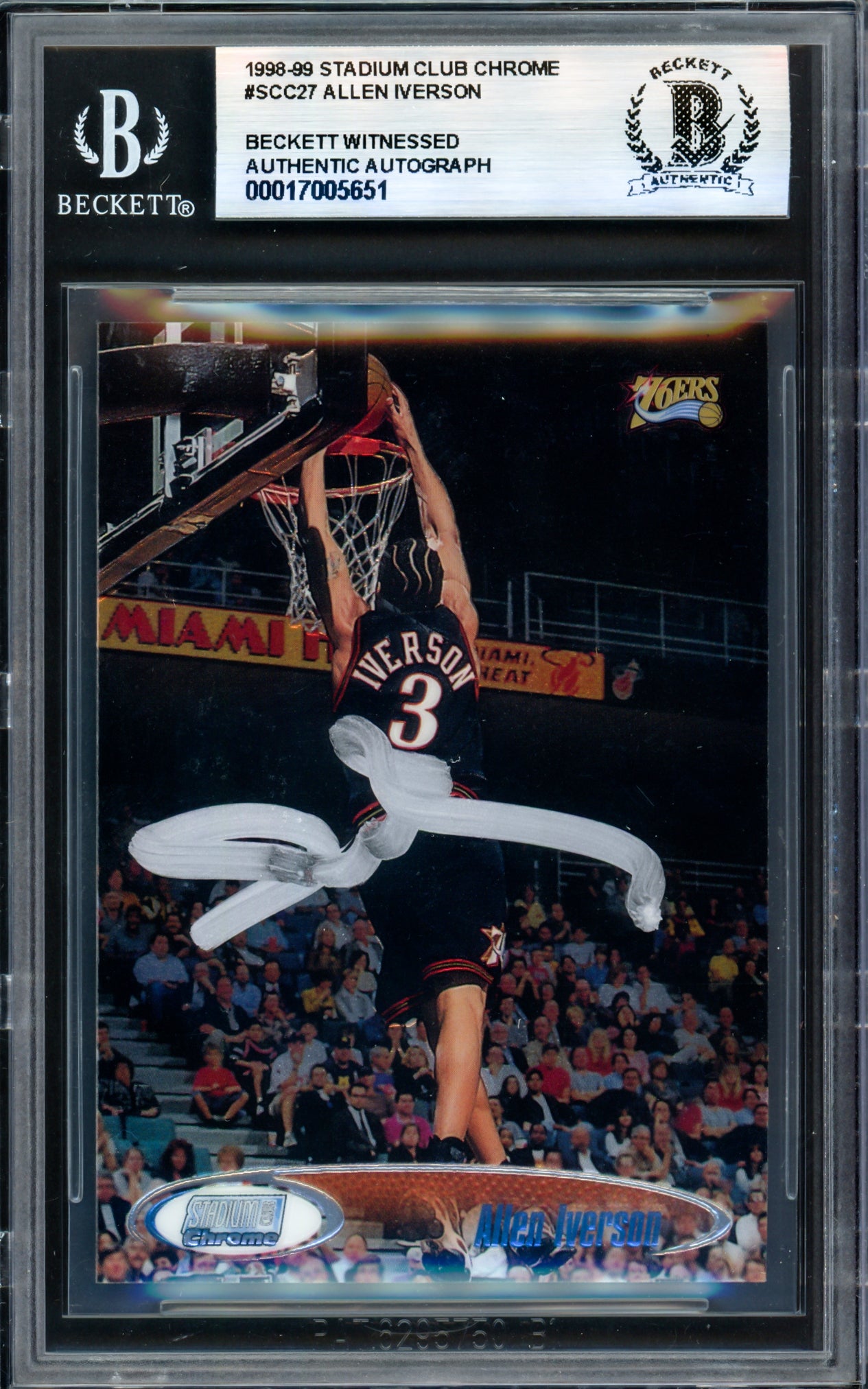Allen Iverson Autographed 1998-99 Stadium Club Chrome Card #27 Philadelphia 76ers Beckett BAS Witness #17005651