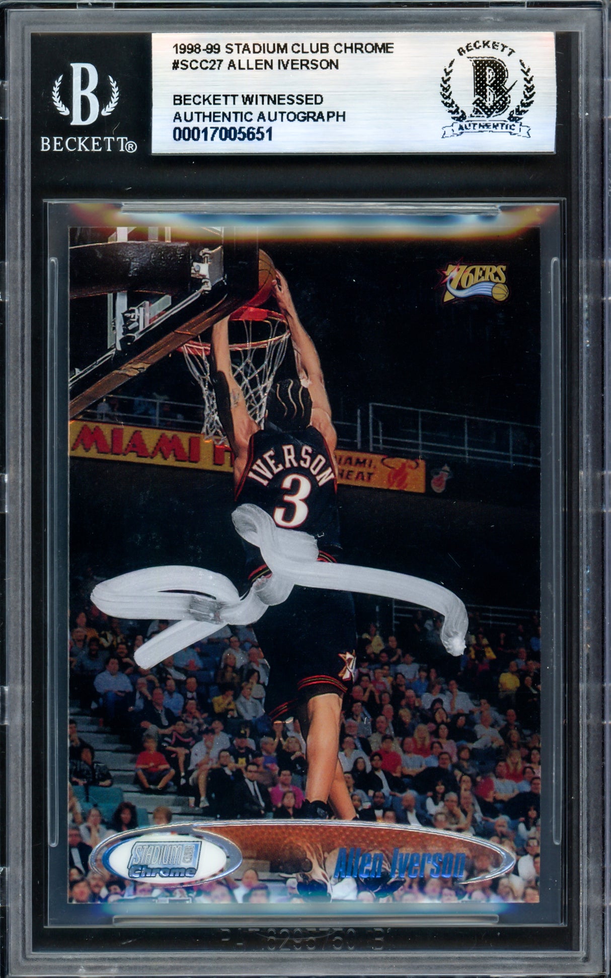 Allen Iverson Autographed 1998-99 Stadium Club Chrome Card #27 Philadelphia 76ers Beckett BAS Witness #17005651
