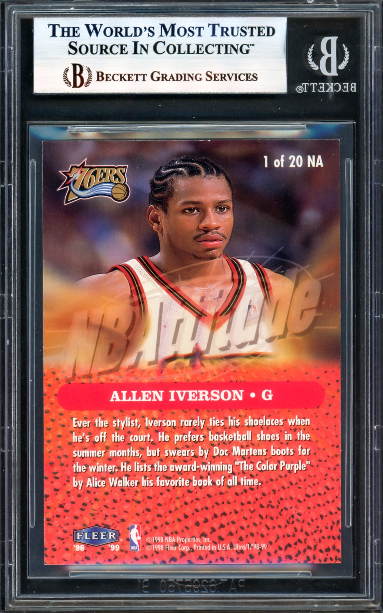 Allen Iverson Autographed 1998-99 Fleer Ultra NBAttitude Card #1 Philadelphia 76ers Beckett BAS Witness #17005765