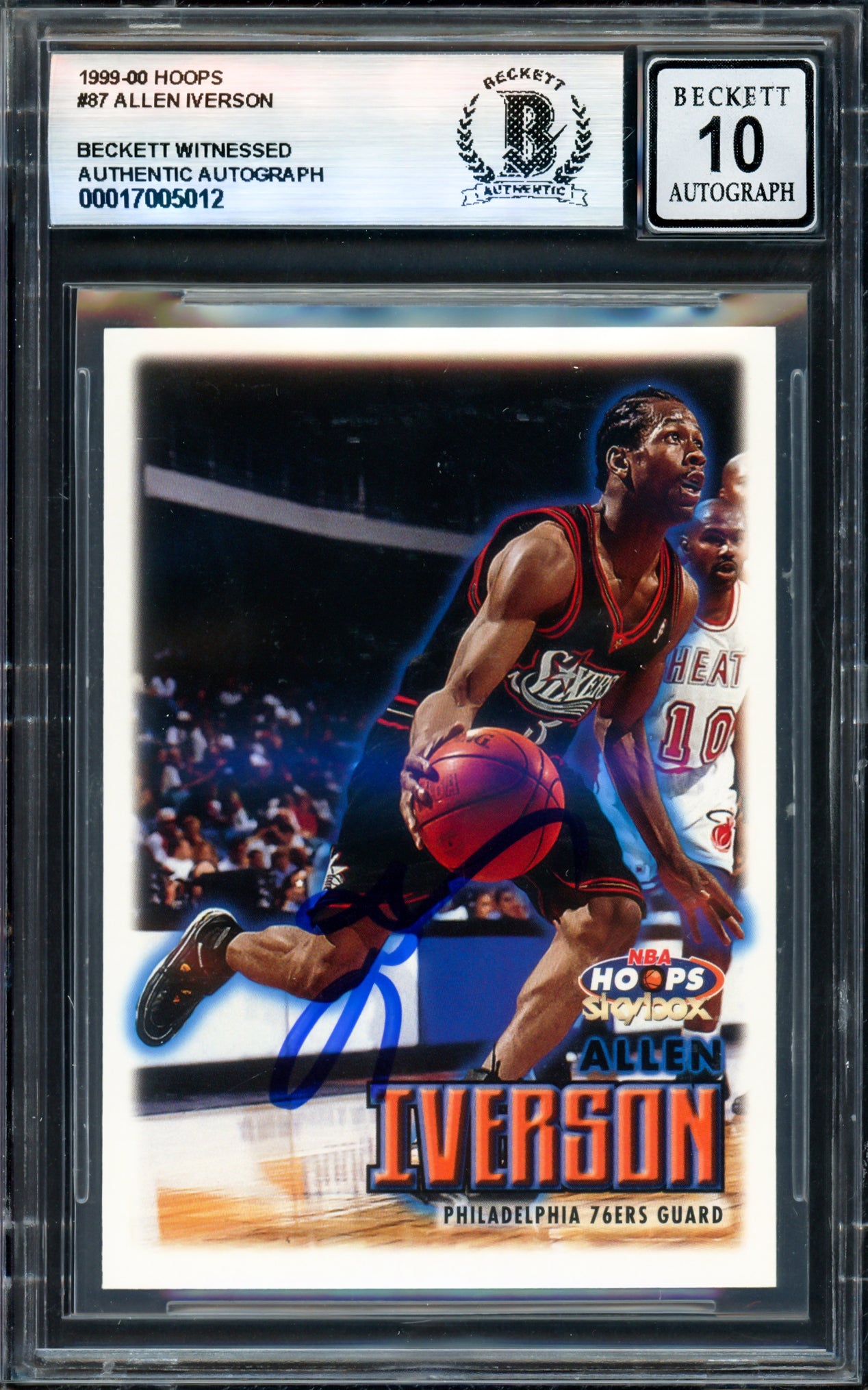 Allen Iverson Autographed 1999-00 Hoops Card #87 Philadelphia 76ers Auto Grade Gem Mint 10 Beckett BAS Witness #17005012